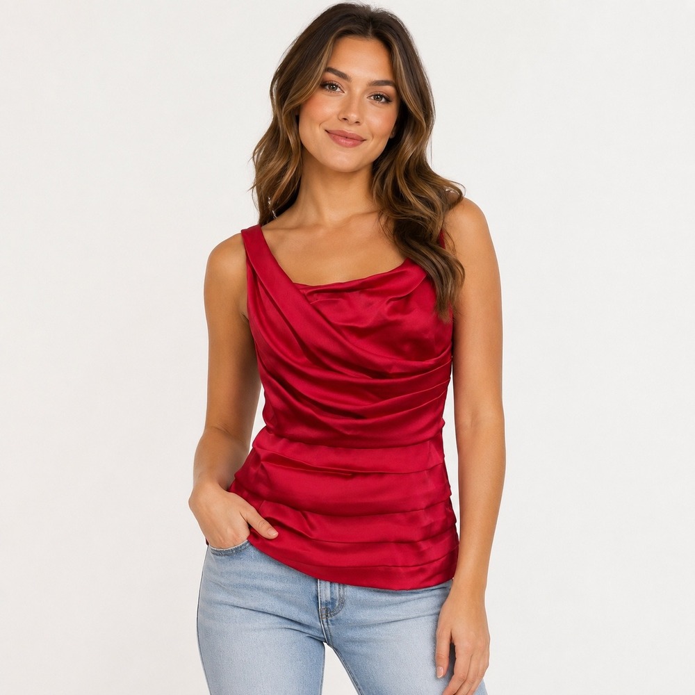 Express Sleeveless Top M Red Satin Draped Tiered Bandage Avant Garde